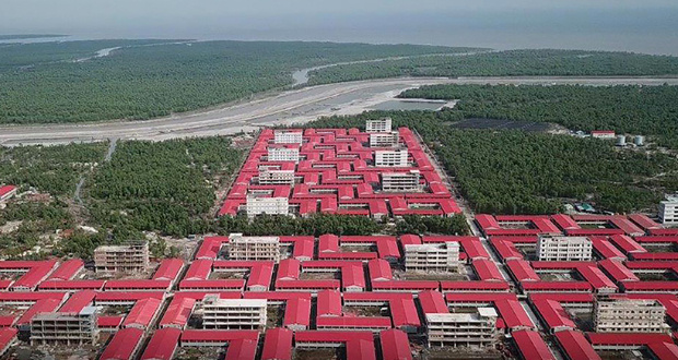 File Photo: In this handout aerial photo taken on June 19, 2019 and released on October 21 by Mukta Dinwiddie MacLaren Architects shows buildings intended to accommodate members of the Rohingya refugee community on the silt islet Bhashan Char in the Bay of Bengal AFP