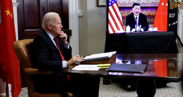 U.S. President Joe Biden speaks virtually with Chinese leader Xi Jinping from the White House in Washington, U.S. November 15, 2021. REUTERS/Jonathan Ernst