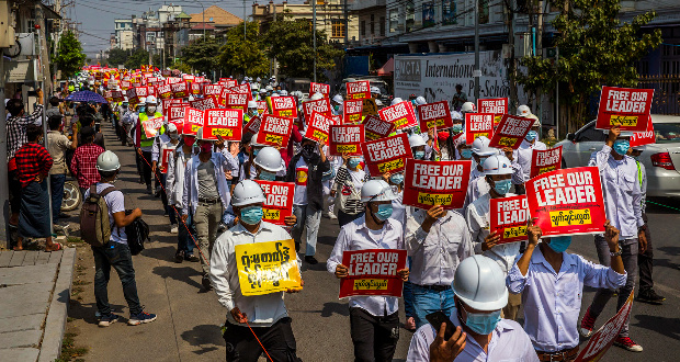 Medical students, doctors and engineers march in Yangon, Myanmar, on Feb. 26, 2021 to protest against the military coup earlier that month. (The New York Times)