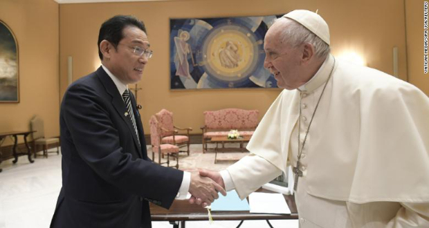 Japanese PM Fumio Kishida meets Pope Francis at the Vatican.