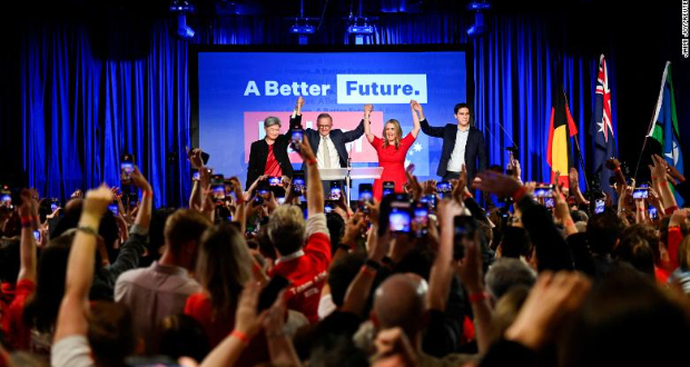 Anthony Albanese, pictured with his partner and son, celebrates victory on May 21 in Sydney, Australia.