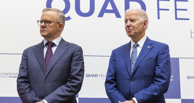 Australian Prime Minister Anthony Albanese(left) and US President Joe Biden attend the Japan-US-Australia-India Fellowship Founding Celebration event on May 24, 2022 in Tokyo, Japan. Photo: AFP