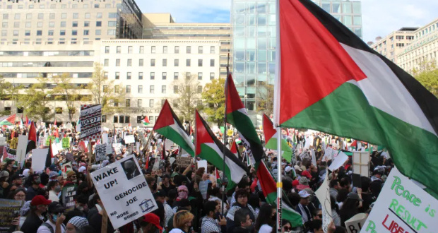 Tens of thousands of pro-Palestinian protesters in the US capital have called for a ceasefire in Gaza [Ali Harb/Al Jazeera]