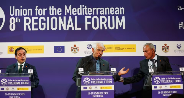 Minister of Foreign Affairs, European Union and Cooperation of Spain, Jose Manuel Albares, European Union's High Representative for Foreign Affairs and Security Policy Josep Borrell and Nasser Kamel, Secretary General of the Union for the Mediterranean (UfM) attend a press conference at the Union.