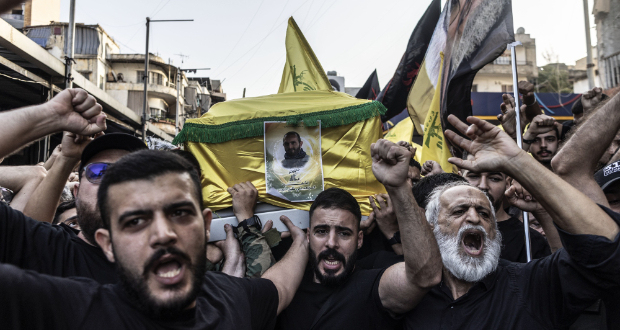 Hezbollah supporters at the funeral of an Hezbollah militant in Beirut, on Oct. 22.Photographer: Manu Brabo/Getty Images