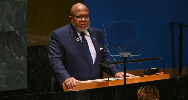 Dennis Francis of Trinidad and Tobago, the current president of the U.N. General Assembly, speaking before a note on a nonbinding resolution demanding “an immediate humanitarian cease-fire” in Gaza.Credit...Angela Weiss/Agence France-Presse — Getty Images