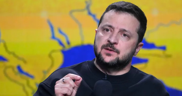 Ukrainian President Volodymyr Zelenskyy speaks during his end-of-the-year news conference in Kyiv, Ukraine, on December 19 [Efrem Lukatsky/AP Photo]