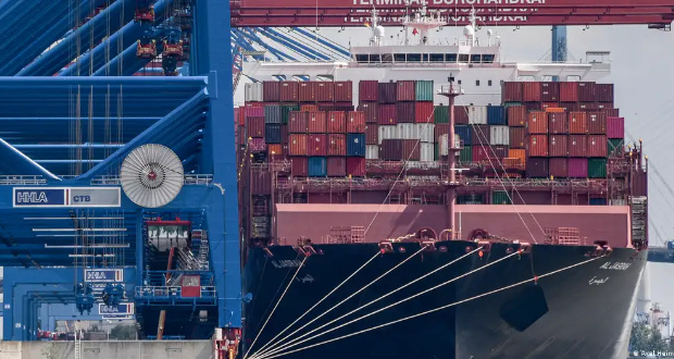 Hapeg-Lloyd's vessel Al Jasrah (pictured in port in Hamburg) was attacked by drones launched by Yemen-based Houthis last week