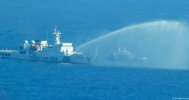 China's coast guard have often used water cannons against Filipino vessels operating in disputed waters in the South China SeaImage: (Philippine Coast Guard/AP/picture alliance