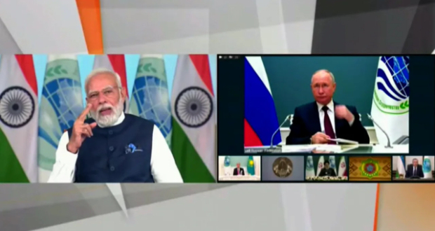 Indian Prime Minister Narendra Modi and Russian President Vladimir Putin pictured side-by-side at the virtual Shanghai Cooperation Organization summit on July 4.