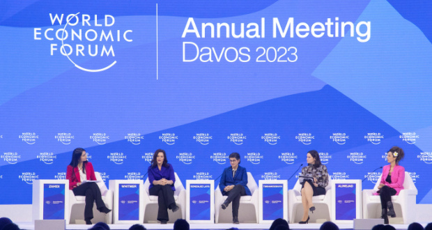 World Economic Forum Geneva Managing Director Saadia Zahidi, Dean at the Paris School of International Affairs (PSIA) Arancha Gonzalez Laya, Governor of the State of Michigan Gretchen Whitmer, Leader of the Democratic Forces of Belarus Sviatlana Tsikhanouskaya, and journalist and activist Masih Alinejad attend the session "Women's Leadership: Towards Parity in Power" during the World Economic Forum (WEF) 2023 in the Alpine resort of Davos, Switzerland, January 19, 2023. REUTERS/Arnd Wiegmann