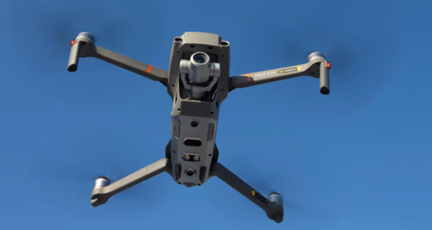 A drone is seen in the sky as Chinese drone maker DJI holds a demonstration in Canada in 2019.