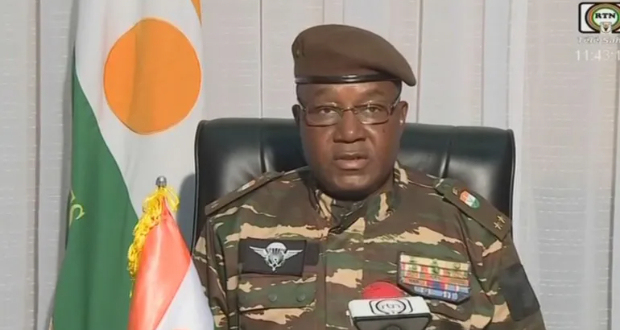 General Abdourahamane Tchiani, Niger's new strongman, speaking on national television in Niamey on July 28, 2023 [AFP]