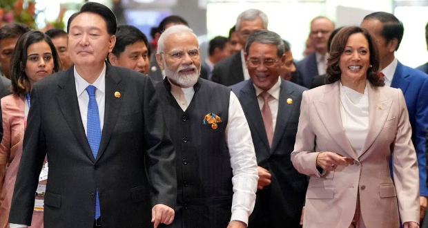 From left to right, South Korean President Yoon Suk Yeol, Indian Prime Minister Narendra Modi, Cambodia's Prime Minister Hun Manet, and U.S. Vice President Kamala Harris walk to attend the East Asia Summit at the Association of the Southeast Asian Nations (ASEAN)-Summit in Jakarta, Indonesia, Thursday, Sept. 7, 2023. Achmad Ibrahim/Pool via REUTERS