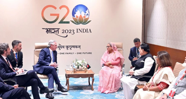 Prime Minister Sheikh Hasina addresses a session at G20 Summit held at Bharat Mandapam Convention Centre at Pragati Maidan in India on Saturday, September 9, 2023. Photo: PMO