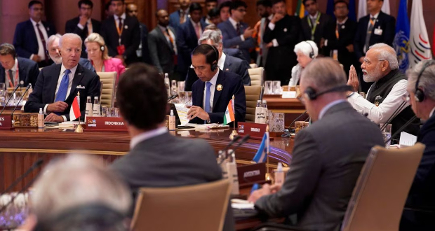 Indian Prime Minister Narendra Modi speaks as U.S. President Joe Biden with other leaders listen during the first session of the G20 Summit, in New Delhi, India, Saturday, Sept. 9, 2023. Evan Vucci/Pool via REUTERS