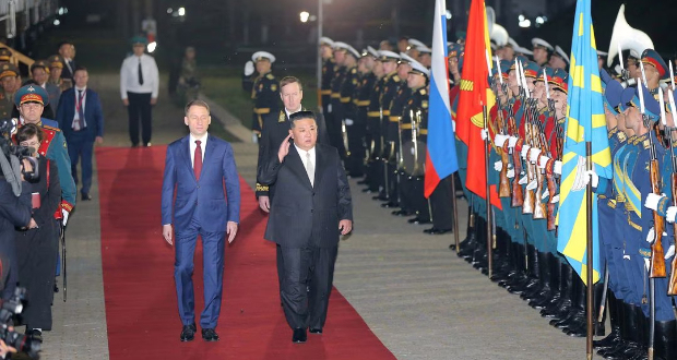 North Korean leader Kim Jong Un arrives in Khasan, Russia, September 12, 2023, in this image released by North Korea's Korean Central News Agency on September 13, 2023. KCNA via REUTERS