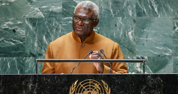 Solomon Islands prime minister Manasseh Sogavare speaks at the UN general assembly in New York on Friday. The leader will not attend Joe Biden’s Pacific leaders’ forum on Monday. Photograph: Eduardo Muñoz/Reuters