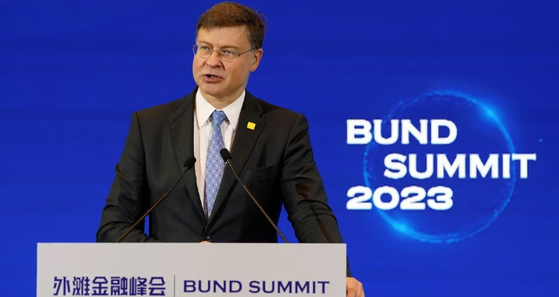 European Commission Executive Vice President Valdis Dombrovskis speaks at the Bund Summit in Shanghai, China September 23, 2023. REUTERS/Jason Xue Acquire Licensing Rights