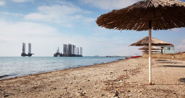Gas platforms just off the coast of Baku in the Caspian Sea. Photograph: David Levene/The Guardian