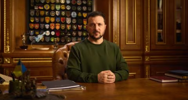 Ukraine's President Volodymyr Zelenskiy addresses Ukrainian people on the New Year's eve in this handout picture released on December 31, 2023. Ukrainian Presidential Press Service/Handout via REUTERS/File Photo