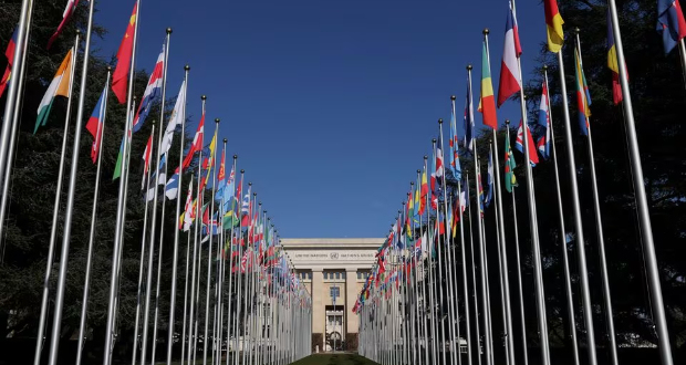 The flags alley is seen outside the United Nations building during the Human Rights Council in Geneva, Switzerland, February 27, 2023. REUTERS/Denis Balibouse/ File Photo 