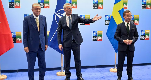 Turkish President Tayyip Erdogan, Swedish Prime Minister Ulf Kristersson and NATO Secretary-General Jens Stoltenberg gather prior to their meeting, on the eve of a NATO summit, in Vilnius, Lithuania July 10, 2023. Henrik Montgomery /TT News Agency/via REUTERS/File Photo