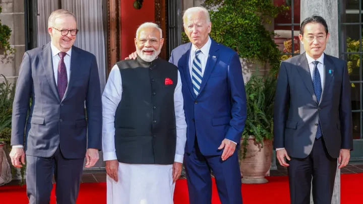 (l-r) Australian PM Anthony Albanese, Indian PM Narendra Modi, U.S. President Joe Biden, and Japanese PM Fumio Kishida pose for a photograph ahead of the Quad Leaders' Summit, in Wilmington, D.C., September 22, 2024