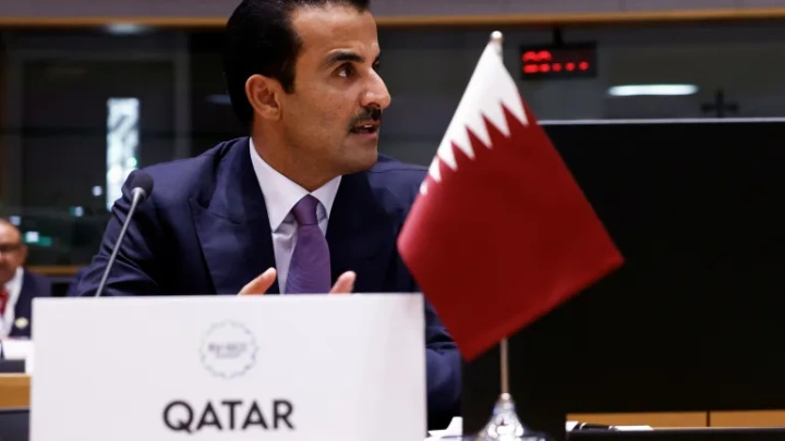Emir of Qatar Sheikh Tamim bin Hamad Al Thani attends a round table meeting during the joint European Union and the Gulf Cooperation Council (GCC) summit, in Brussels, Belgium on October 16, 2024 [File: Johanna Geron/Reuters]