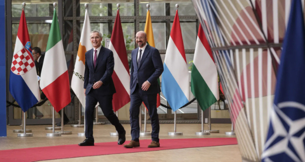 NATO General Secretary Jens Stoltenberg and Charles Michel, President of the European Council, attend a press conference on the Russian invasion and military aid to Ukraine, during the European Summit in Brussels, Belgium, on June 29, 2023. Monasse T/ANDBZ/ABACAPRESS.COM.