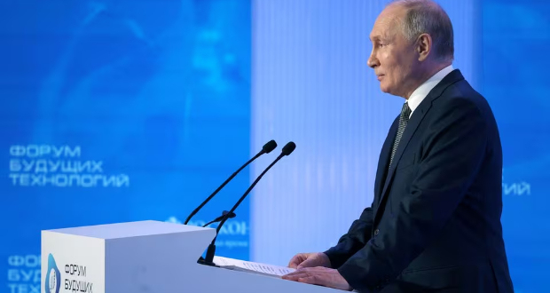 Russia's President Vladimir Putin delivers a speech at the Future Technologies Forum in Moscow, Russia, February 14, 2024. Sputnik/Alexander Kazakov/Pool via REUTERS