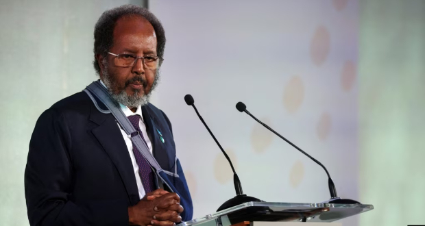 FILE - Somali President Hassan Sheikh Mohamud speaks during the opening session of the Global Food Security Summit at Lancaster House in London, Nov. 20, 2023.