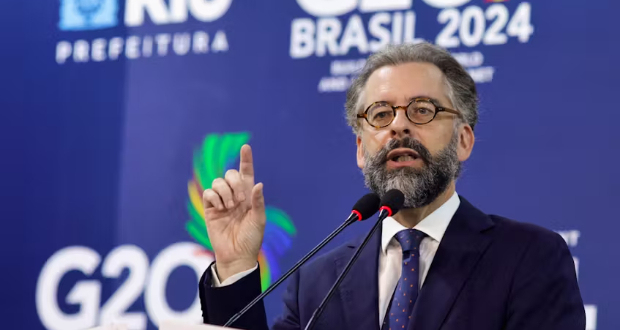 Ambassador Mauricio Lyrio, Secretary of Economic and Financial Affairs of the Ministry of Foreign Affairs and Sherpa of the G20 of Brazil, talks during a news conference ahead the G20 Foreign Ministers meeting in Rio de Janeiro, Brazil, February 20, 2024.