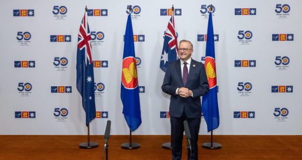 Prime Minister Anthony Albanese waiting to shake hands with ASEAN Secretary General Kao Kim Hourn (Wayne Taylor/ASEAN-Australia Special Summit)
