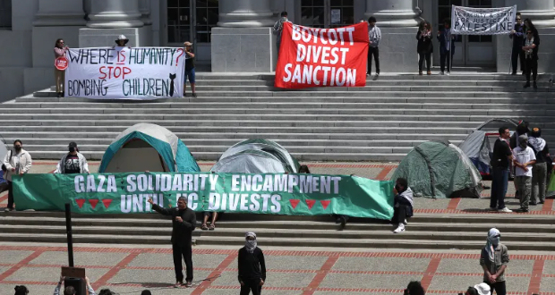 Pro-Palestinian protesters set up a tent encampment in front of Sproul Hall on the University of California, Berkeley, campus on April 22 [Getty Images via AFP]