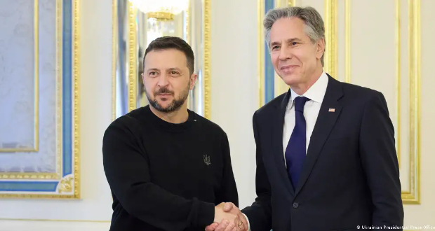 Antony Blinken arrived in an unannounced diplomatic mission to reassure Ukraine that it has American support as it struggles to defend against increasingly intense Russian attacks