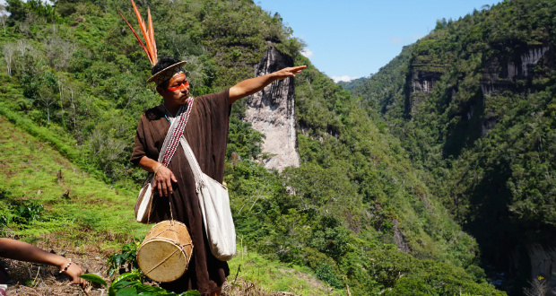Ashaninka leader Tsitsiri Samaniego surveys the Perene Valley from atop a ridge [Neil Giardino/Al Jazeera]