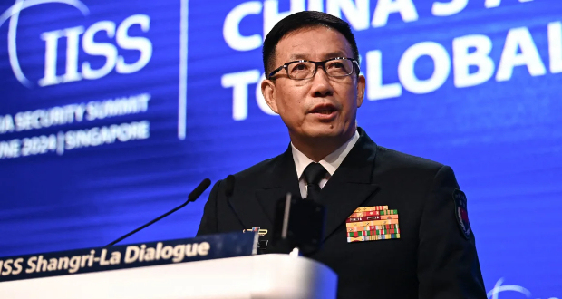 China's Defence Minister Dong Jun speaks during the Shangri-La Dialogue summit in Singapore on June 2, 2024. Nhac Nguyen/AFP/Getty Images