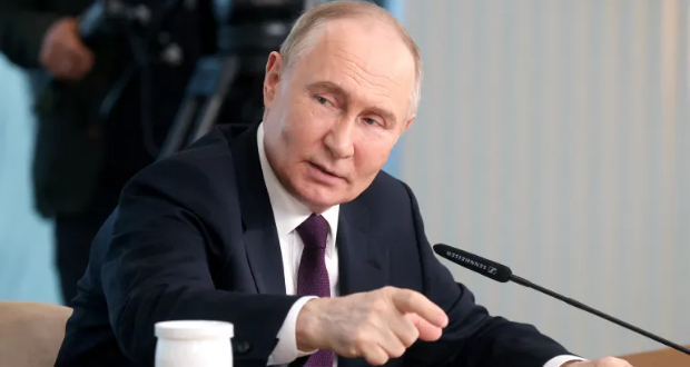 Russian President Vladimir Putin speaks to international news editors at Lakhta Centre in Saint Petersburg, Russia [Valentina Pevtsova/Sputnik/Pool via Reuters]