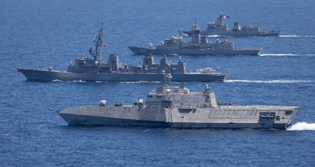 The Australian, Japanese, and American navies joined the Philippine navy in conducting drills in the South China Sea, April 2024. Such activities reflect how the island nations situated along China’s maritime periphery are choosing to collectively resist what they regard as aggressive Chinese behaviour after the observed failure of policies designed to accommodate Chinese power and avoid confrontation. Image from the Royal Australian Navy.