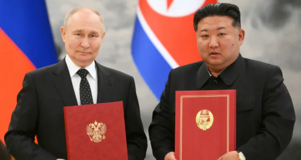 The comprehensive strategic partnership, with its mutual defence clause, echoes a 1961 agreement between North Korea and the then-Soviet Union [Kristina Kormilitsyna/Sputnik, Pool via Reuters]