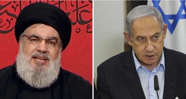 Hassan Nasrallah, left, and Benjamin Netanyahu, right [Reuters and AP]