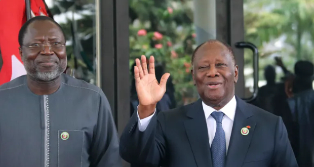 Omar Touray, president of the ECOWAS Commission, left, and Ivory Coast President Alassane Ouattara arrive for the ECOWAS meeting in Abuja, Nigeria on February 24, 2024. [File: Gbemiga Olamikan/AP Photo]