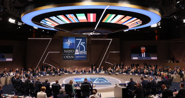 Leaders attend a working session during the Nato summit in Washington. The final communique highlighted concerns over China’s relationship with Russia. Photograph: Ting Shen/UPI/REX/Shutterstock